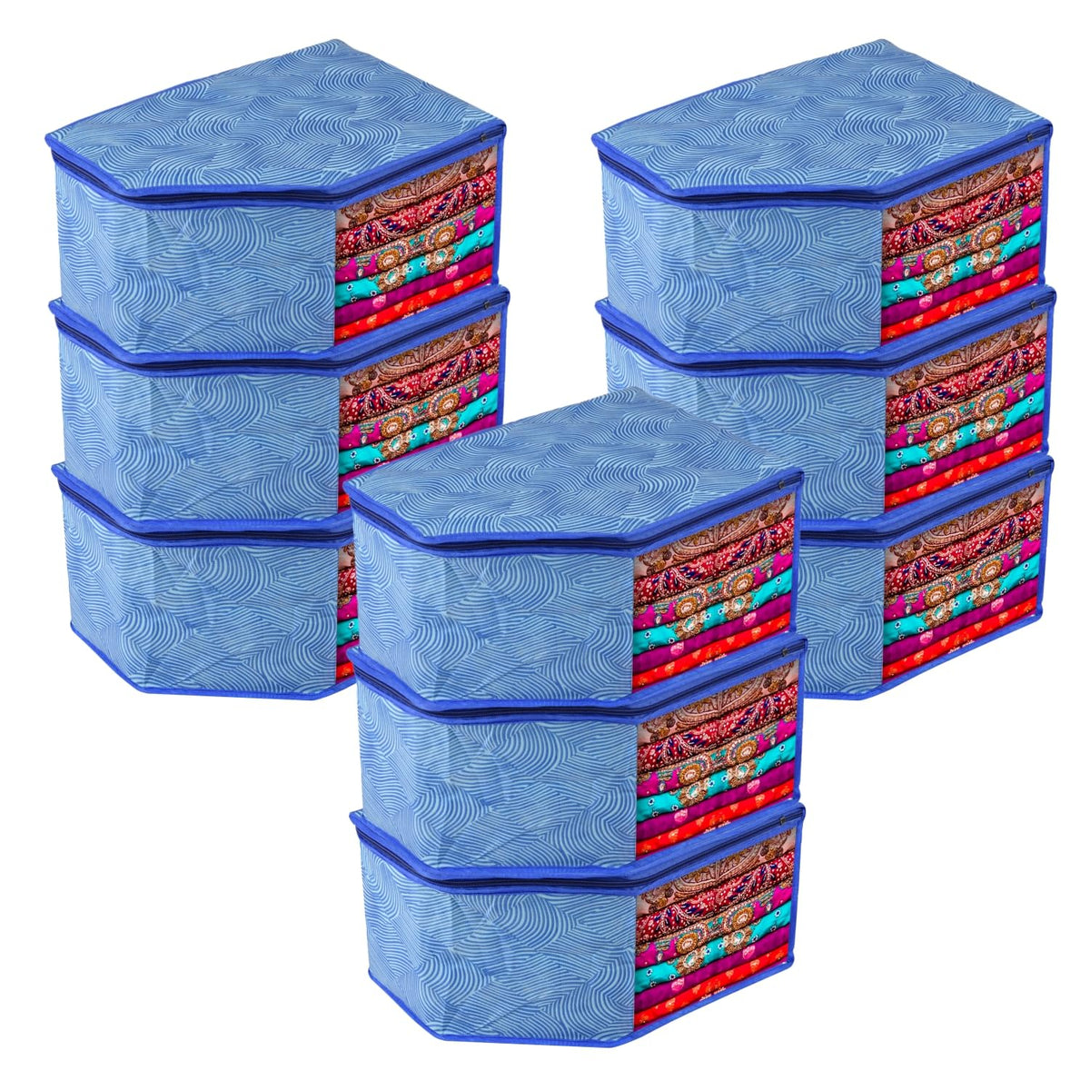 Kuber Industries Blouse Cover | Clothes Storage Bag | Zipper Wardrobe Organizers | Non-Woven Clothes Organiser | Side Transparent Blouse Organizer | Lahariya-Design | Pack of 9 | Blue