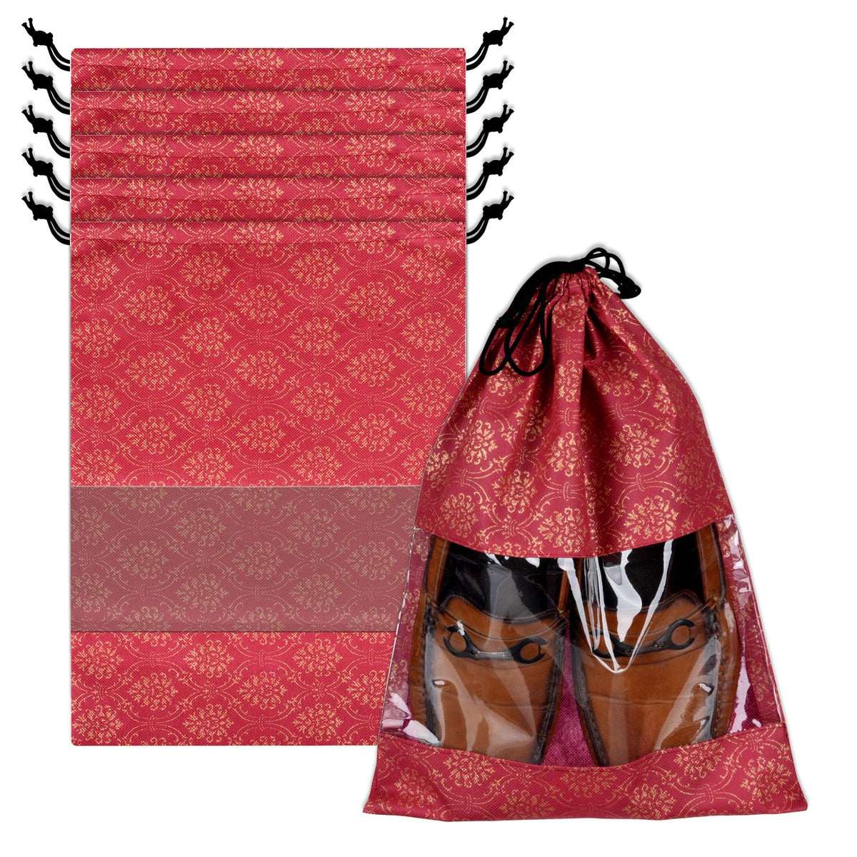Heart Home Shoe Bags | Shoe Bags for Travel | Drawstring Shoe Storage Bags | Storage Organizers Set | Shoe Cover with Transparent Window | Shoe Pouches | Golden-Print | Pack of 6 | Maroon