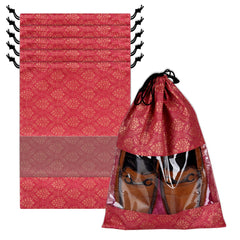 Heart Home Shoe Bags | Shoe Bags for Travel | Drawstring Shoe Storage Bags | Storage Organizers Set | Shoe Cover with Transparent Window | Shoe Pouches | Golden-Print | Pack of 6 | Maroon