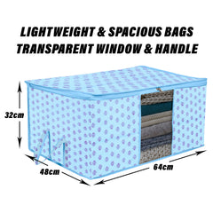 Heart Home Underbed Storage Bag | Clothes Storage Organizer | Blanket Cover with Clear Window | Zipper Closure & Handle Cloth Organizer | Flower-Design | Large | Pack of 6 | Sky Blue