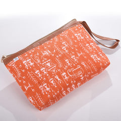 Heart Home Toiletry Pouch|Warli Print Travel Cosmetic Pouch|Canvas Waterproof Makeup Pouch with Handle|Pack of 2 (Orange)
