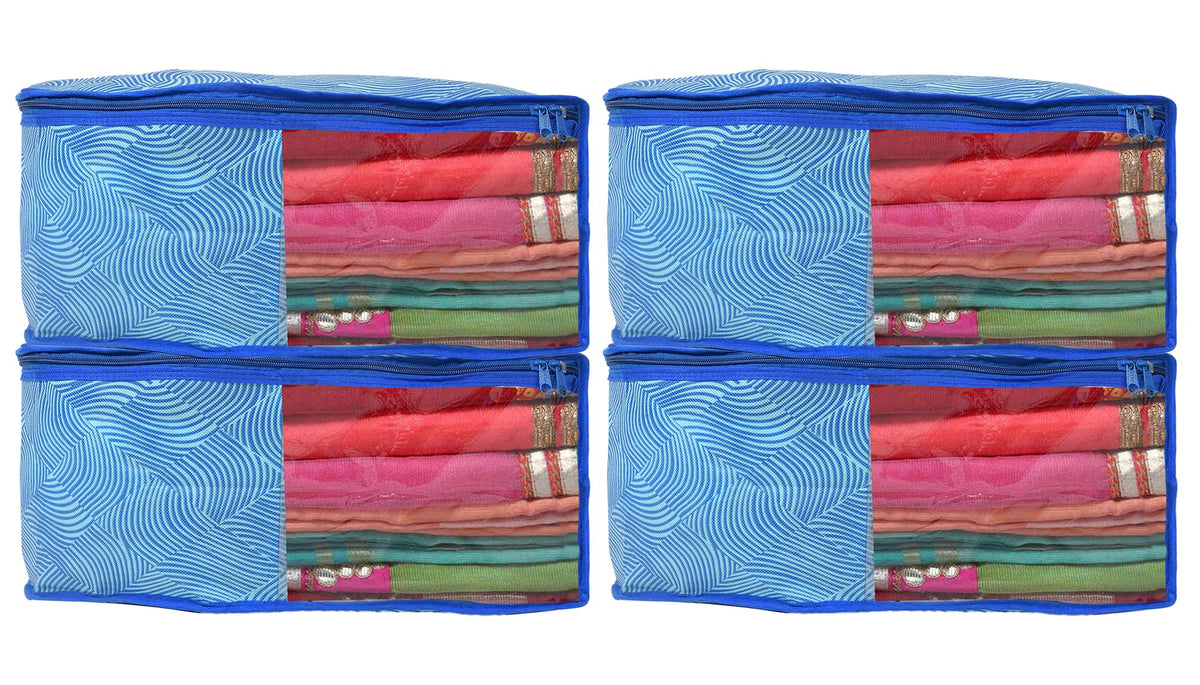 Heart Home Lahariya Printed Non-Woven Blouse Cover Wardrobe Organiser Clothes Storage Bag With Front Window- Pack of 4 (Blue)-44HH0548