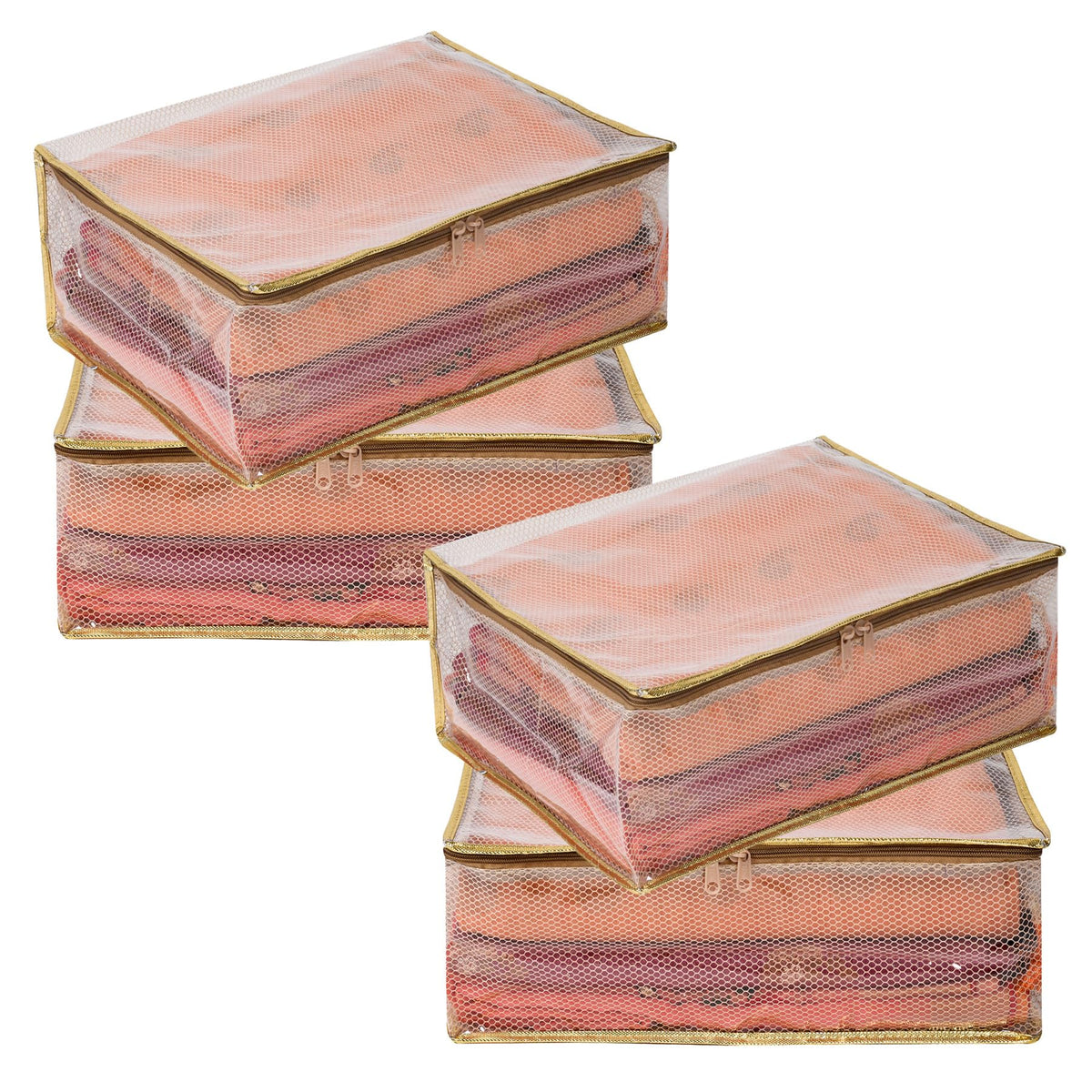 Heart Home Saree Cover | Clothes Storage Bag | Storage Organizer Bag | Zip Closure Saree Cover | Wardrobe Organizer | Mesh Transparent Saree Cover | 6 Inch | Pack of 4 | Golden