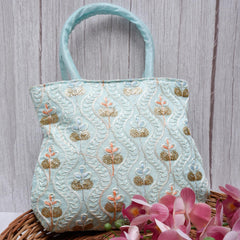 Heart Home Hand Bag|Traditional Hand Bag|Silk Wallet Hand Bag|Woman Tote Hand Bag|Ladies Purse Handbag|Gifts Hand Bag|Curved Shape Embroidery Hand Bag|Light Blue