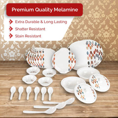 Kuber Industries 32 Pieces Round Melamine Microwave & Dishwasher Safe Dinnerware Kitchen Crockery Set | Glossy Dinner Sets & Kitchen Set for Home | Stylon Leaf Dots - White