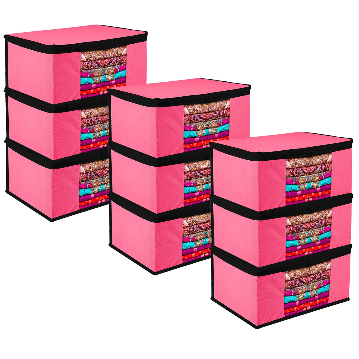 Heart Home Saree Cover | Zip Closure Saree Cover | Clothes Storage Bag | Wardrobe Organiser for Suit | Transparent Window Saree Cover | Plain-Black Border | 9 inch | Pack of 9 | Pink