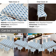 Kuber Industries Set of 7 Waterproof & Oil Repellent Dining Table Chair Cover 6 Seater Full Set | Washable & Dustproof Table & Seat Cover Protector Slipcover | Floral Leaf Pattern Blue