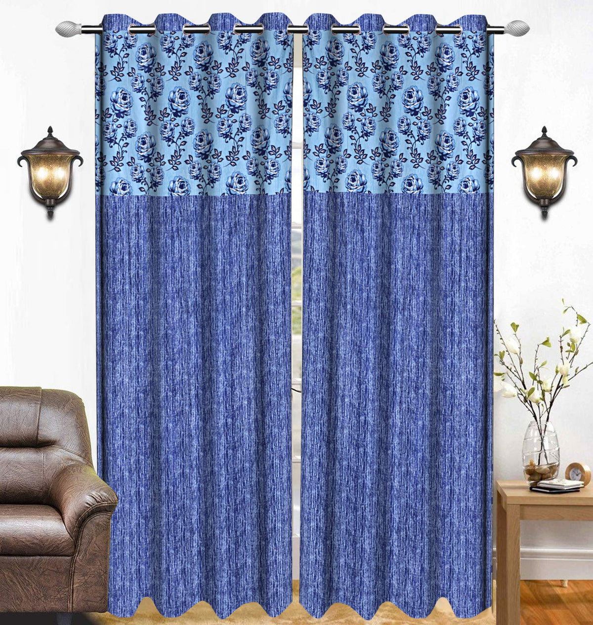 Kuber Industries Rose Design 1 Piece Polyester Eyelet Door Curtain 7 Feet (Blue)-Ctktc14162