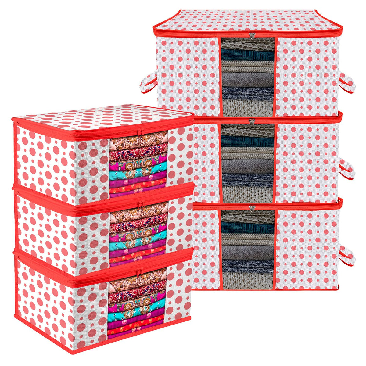 Heart Home Saree Cover & Underbed Stoarge Bag Set | 3 Pieces Saree & 3 Pieces Underbed Storage Bag Combo Set | Zipper Closure & Handle | Dot-Design | Set of 6 | Red