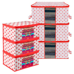 Heart Home Saree Cover & Underbed Stoarge Bag Set | 3 Pieces Saree & 3 Pieces Underbed Storage Bag Combo Set | Zipper Closure & Handle | Dot-Design | Set of 6 | Red