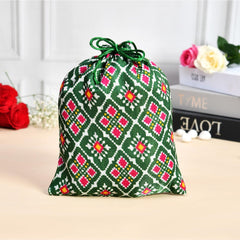 Kuber Industries Potli | Silk Wedding Potli | Drawstring Closure Potli | Wallet Potli | Christmas Gift Potli | Baby Shower Potli | Medium-Patola-Print Potli | 7x9 Inch | Pack of 4 | Green