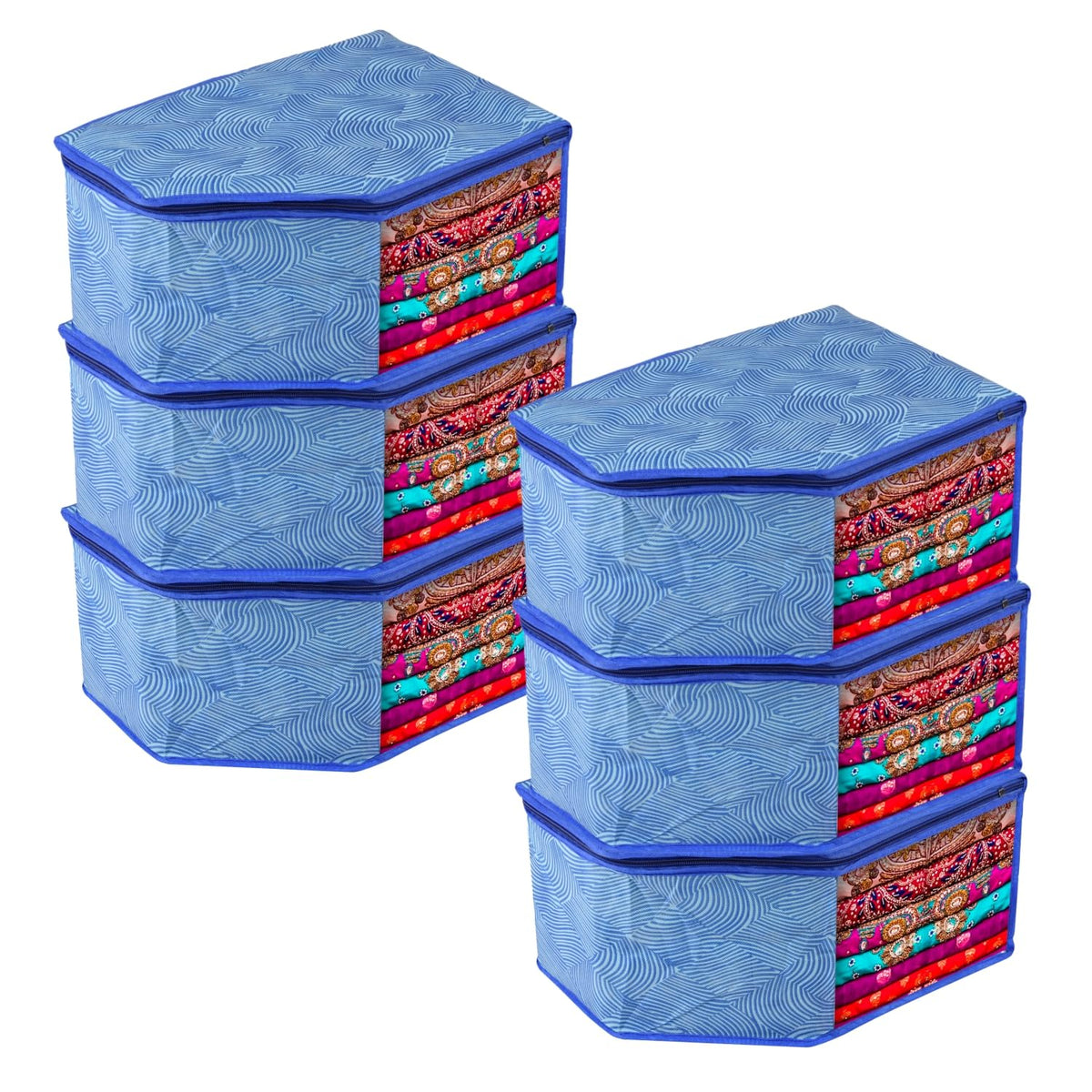 Heart Home Blouse Cover | Clothes Storage Bag | Zipper Wardrobe Organizers | Non-Woven Clothes Organiser | Side Transparent Blouse Organizer | Lahariya-Design | Pack of 6 | Blue