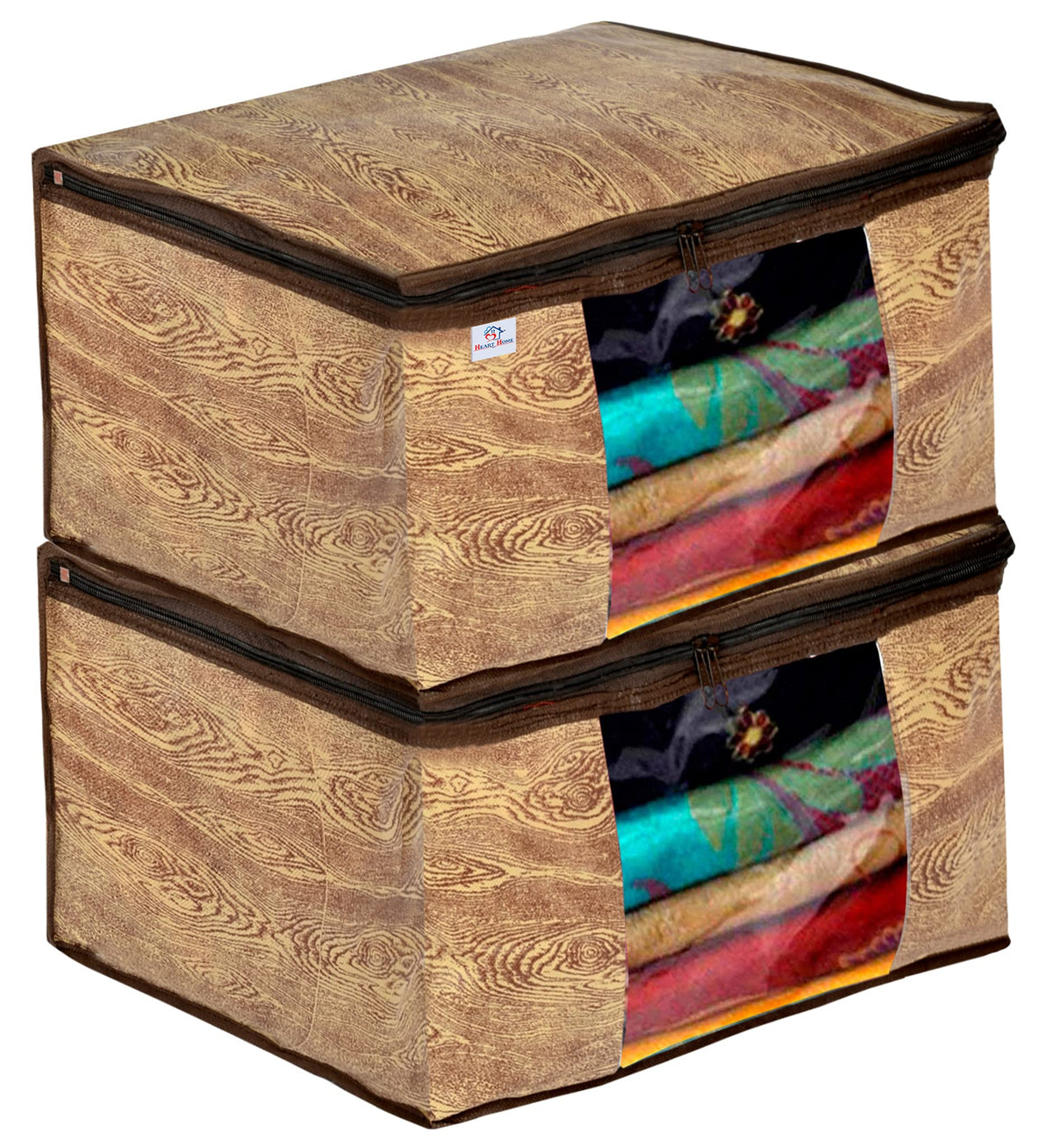 Heart Home Wooden Print 2 Piece Non Woven Fabric Saree Cover Set with Transparent Window, Extra Large (Brown)