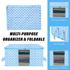 Heart Home Underbed Storage Bag | Clothes Storage Organizer | Blanket Cover with Clear Window | Zipper Closure & Handle Cloth Organizer | Flower-Design | Large | Pack of 6 | Sky Blue