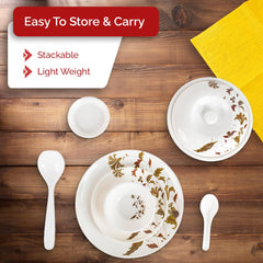 Kuber Industries 40 Pieces Round Melamine Microwave & Dishwasher Safe Dinnerware Kitchen Crockery Set | Glossy Dinner Sets & Kitchen Set for Home | Deluxe Brown Floral - White