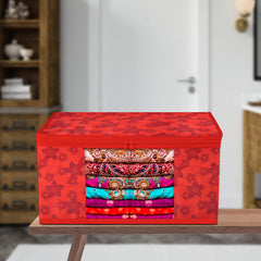 Heart Home Saree Cover | Zip Closure Saree Cover | Clothes Storage Bag | Wardrobe Organiser | Transparent Window Saree Cover | Flower-Design | 9 inch | Pack of 9 | Red