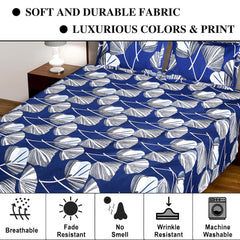 Heart Home Double Bedsheet|Glace Cotton Leaf Print Bedsheet with 2 Pillow Covers for Living Room|Bedroom|90x100 Inch (Navy Blue)