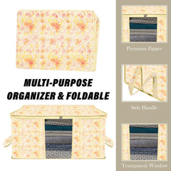 Heart Home Saree Cover & Underbed Stoarge Bag Set | 2 Pieces Saree & 2 Pieces Underbed Storage Bag Combo Set | Zipper Closure & Handle | Red Flower-Design | Set of 4 | Ivory