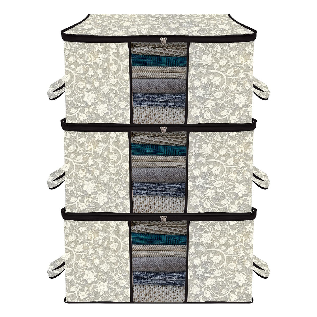 Heart Home Underbed Storage Bag | Clothes Storage Organizer | Blanket Cover with Clear Window | Zipper Closure & Handle Cloth Organizer | Flower-Design | Large | Pack of 3 | Black