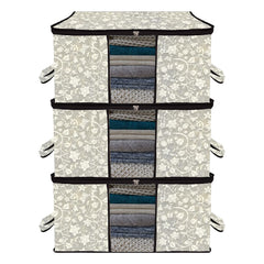 Heart Home Underbed Storage Bag | Clothes Storage Organizer | Blanket Cover with Clear Window | Zipper Closure & Handle Cloth Organizer | Flower-Design | Large | Pack of 3 | Black