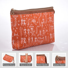 Heart Home Toiletry Pouch|Warli Print Travel Cosmetic Pouch|Canvas Waterproof Makeup Pouch with Handle|Pack of 2 (Orange)