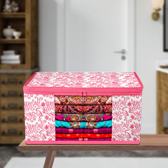 Heart Home Saree Cover | Zip Closure Saree Cover | Clothes Storage Bag | Wardrobe Organiser | Transparent Window Saree Cover | Leaf-Design | 9 inch | Pack of 12 | Pink
