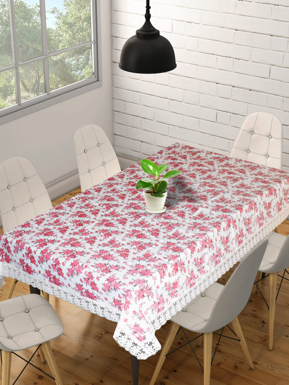 Heart Home Flower Printed PVC 6 Seater Dinning Table Cover 60"x90" (Cream)-HS43HEARTH25629
