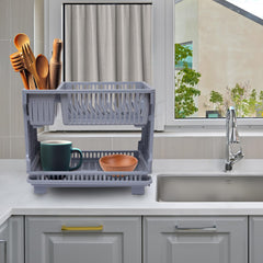 Heart Home Dish Drainer | Plastic Cutlery Holder | Drying Basket with Tray | Dish Drying Rack for Kitchen Utensils | Bartan Stand for Kitchen | Drying Tray | Gray