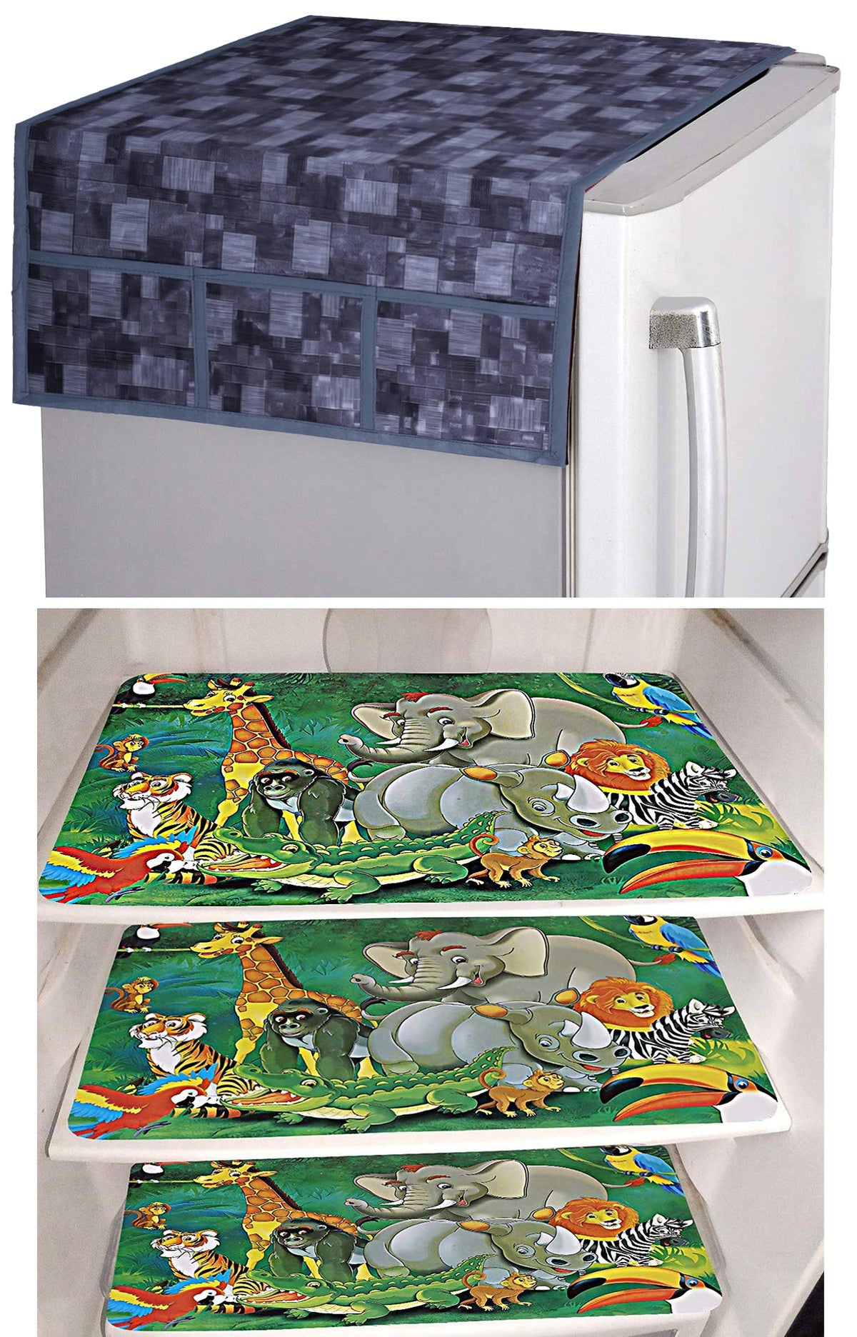 Kuber Industries Cartoon Design 3 Pieces PVC Fridge Mats and 3D Checkered Design 1 Piece Fridge Top Cover (Grey) - CTKTC39727
