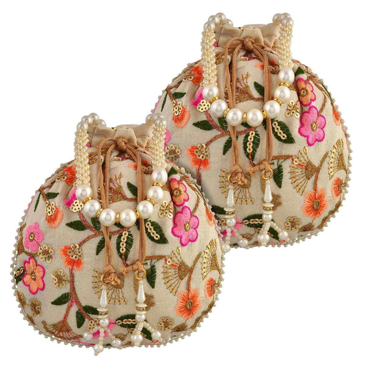 Kuber Industries Potli|Silk Wedding Potli|Christmas Gift Potli|Baby Shower Potli|Traditional Shagun Potli|Drawstring with Beads Handle Potli|New Flower Embroidery Potli|Pack of 2|Cream