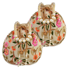 Kuber Industries Potli|Silk Wedding Potli|Christmas Gift Potli|Baby Shower Potli|Traditional Shagun Potli|Drawstring with Beads Handle Potli|New Flower Embroidery Potli|Pack of 2|Cream