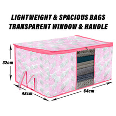 Heart Home Underbed Storage Bag | Clothes Storage Organizer | Blanket Cover with Clear Window | Zipper Closure & Handle Cloth Organizer | Flower Patta-Design | Large | Pack of 2 | Pink