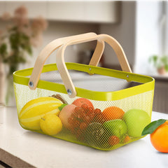 Kuber Industries Rectangular Metal Mesh Basket for Storage with wooden handle | 720 Gm | Fruit Basket and Vegetable Basket for Kitchen | Kitchen Organizer |Multipurpose |Green |Pack of 2