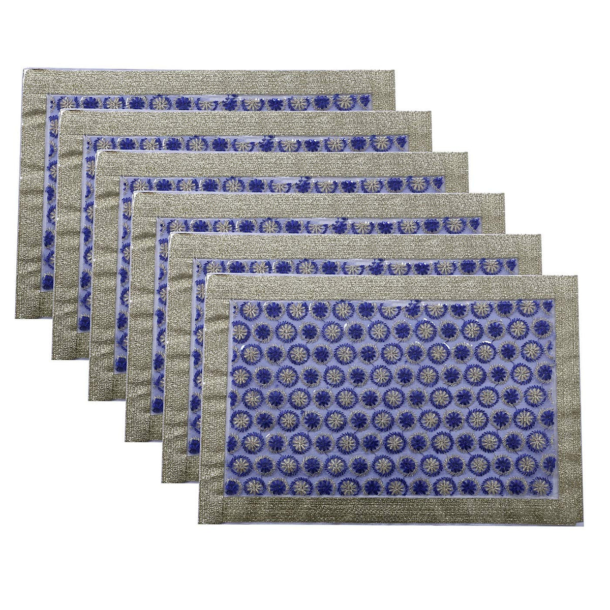 Heart Home Embroidery Design PVC 6 Piece Reversible Dining Table Placemat Set (Blue) - CTHH7466