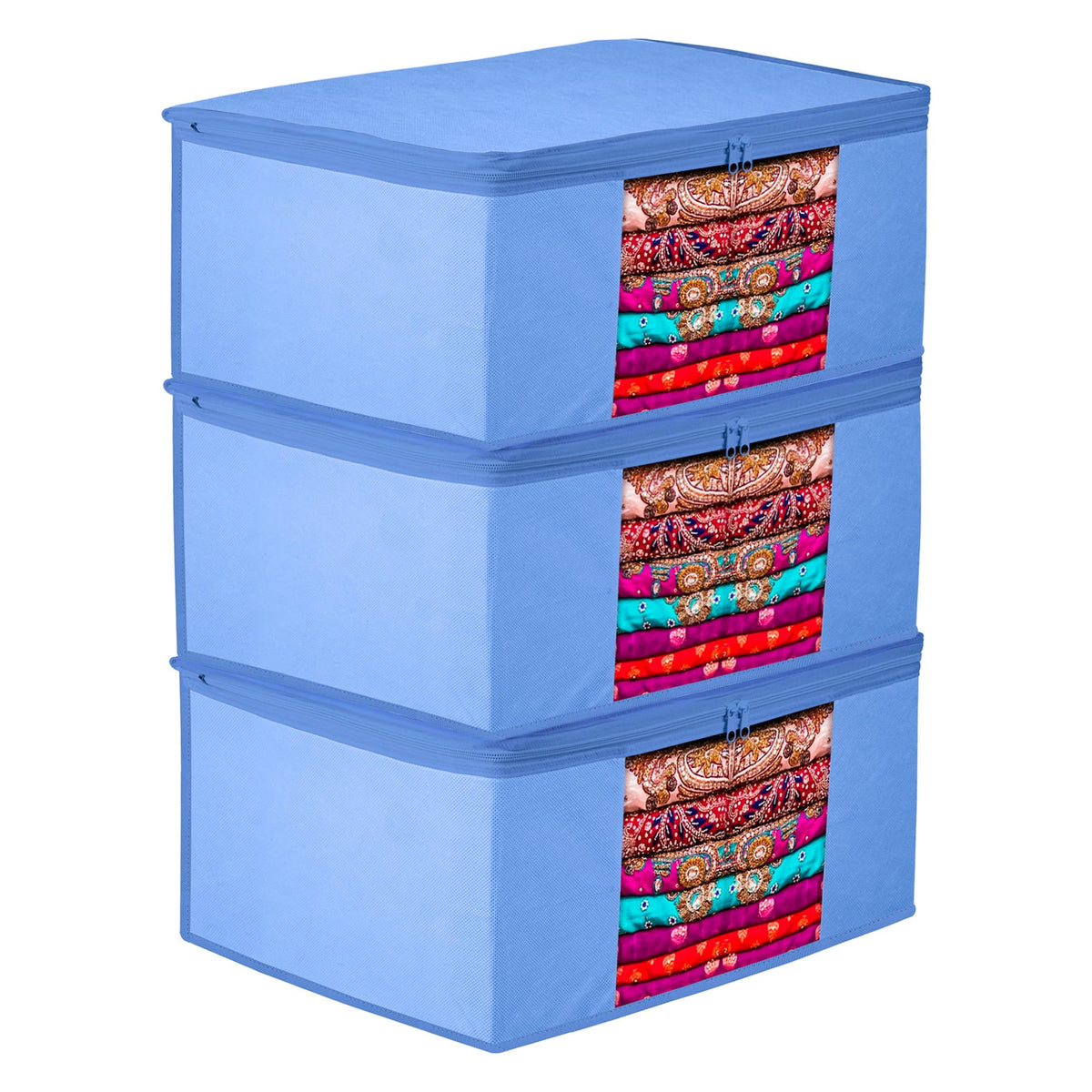 Heart Home Saree Cover | Clothes Storage Bag | Wardrobe Organizer | Zip Closure Saree Cover | Transparent Window Saree Cover | Plain Saree Cover | 9 Inch | Pack of 3 | Light Blue