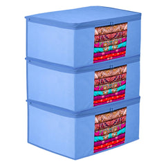 Heart Home Saree Cover | Clothes Storage Bag | Wardrobe Organizer | Zip Closure Saree Cover | Transparent Window Saree Cover | Plain Saree Cover | 9 Inch | Pack of 3 | Light Blue