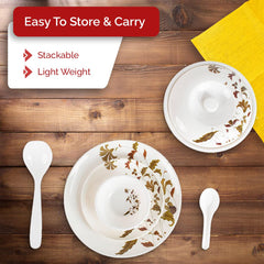 Kuber Industries 32 Pieces Round Melamine Microwave & Dishwasher Safe Dinnerware Kitchen Crockery Set | Glossy Dinner Sets & Kitchen Set for Home | Deluxe Brown - White