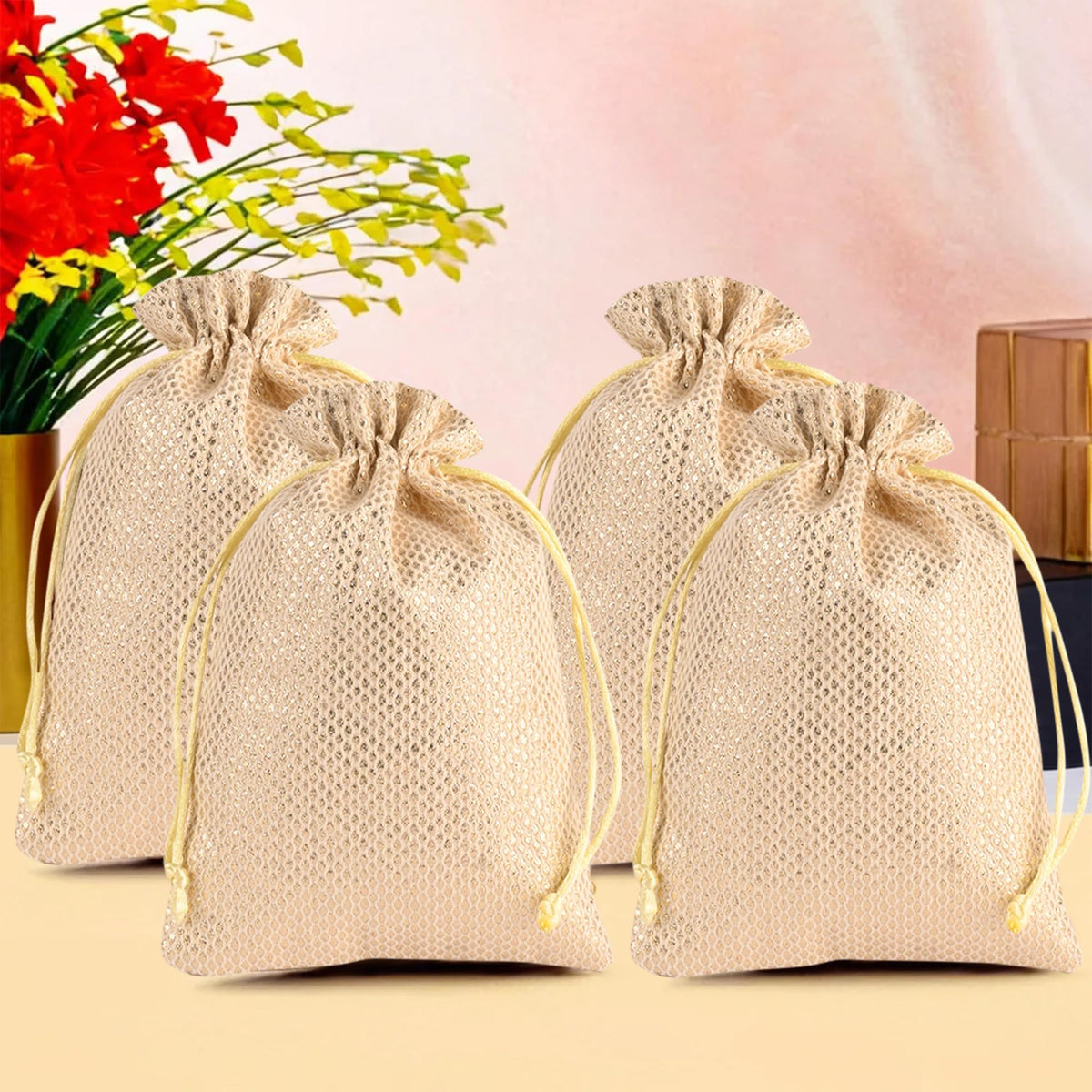 Heart Home Potli | Zari Wedding Potli | Drawstring Closure Potli | Wallet Potli | Christmas Gift Potli | Baby Shower Potli | Traditional Shagun Potli | 9x12 Inch | Large | Pack of 4 | Golden