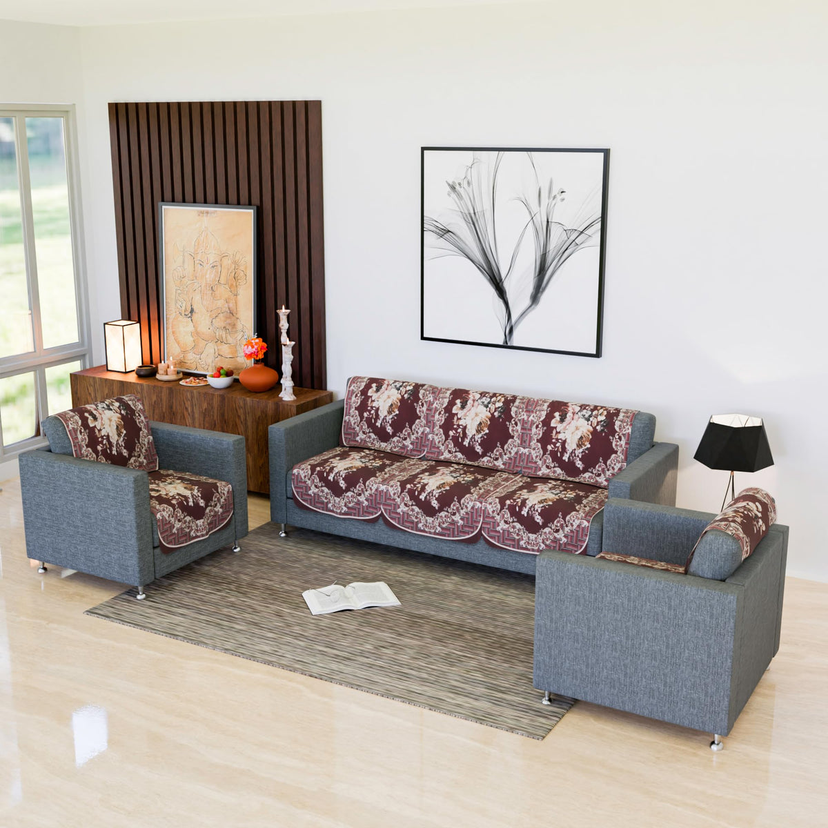 Heart Home Sofa Cover|Sofa Slipcover Set|Sofa Cover for Living Room|Sofa Slip Cover for Hall|5-Seater Sofa Cover for Home Decor|Sofa Cover Set|Check Border Digital Print|10 Piece|Maroon