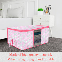 Heart Home Underbed Storage Bag | Clothes Storage Organizer | Blanket Cover with Clear Window | Zipper Closure & Handle Cloth Organizer | Flower Patta-Design | Large | Pack of 2 | Pink