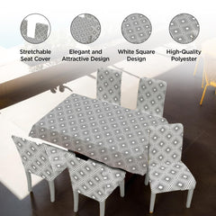 Kuber Industries Set of 7 Waterproof & Oil Repellent Dining Table Chair Cover 6 Seater Full Set | Washable & Dustproof Seat Cover Protector Slipcover | Square Design - Grey and White