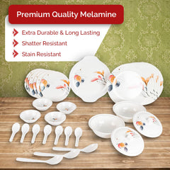 Kuber Industries 32 Pieces Round Melamine Microwave & Dishwasher Safe Dinnerware Kitchen Crockery Set | Glossy Dinner Sets & Kitchen Set for Home | Stylon Vector Floral - White
