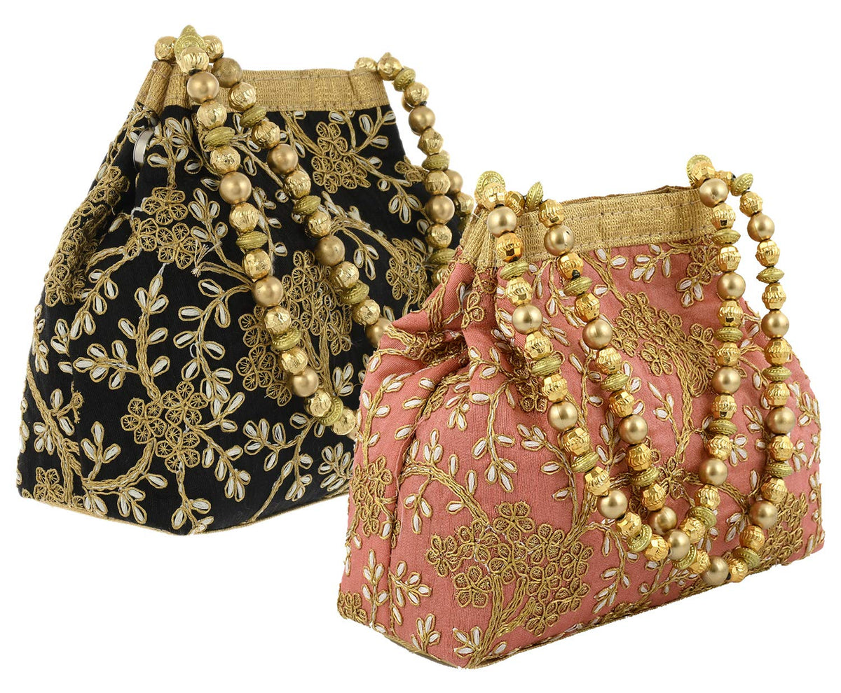 Heart Home Polyester 2 Pieces Embroidered Potli Batwa Pouch Bag for Women (Peach & Black) HEART2884