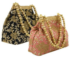 Heart Home Polyester 2 Pieces Embroidered Potli Batwa Pouch Bag for Women (Peach & Black) HEART2884