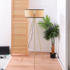 Kuber Industries Aesthetic Rattan Frame & Iron Stand Base Bedroom Lamp for Side Table | Desk & Study Table Lamp for Living Room, Home & Décor | House Warming Gifts | Black & Beige