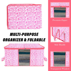 Heart Home Underbed Storage Bag | Clothes Storage Organizer | Blanket Cover with Clear Window | Zipper Closure & Handle Cloth Organizer | Leaf-Design | Large | Pack of 3 | Pink