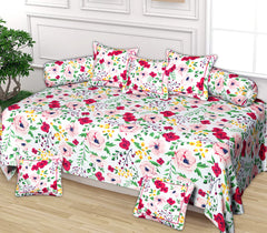 Kuber Industries Flower Printed 8 Pieces - 1 Single bedsheet with 5 Cushions Covers and 2 Bolster Covers Cotton Diwan Set (White & Pink)-44KM0176