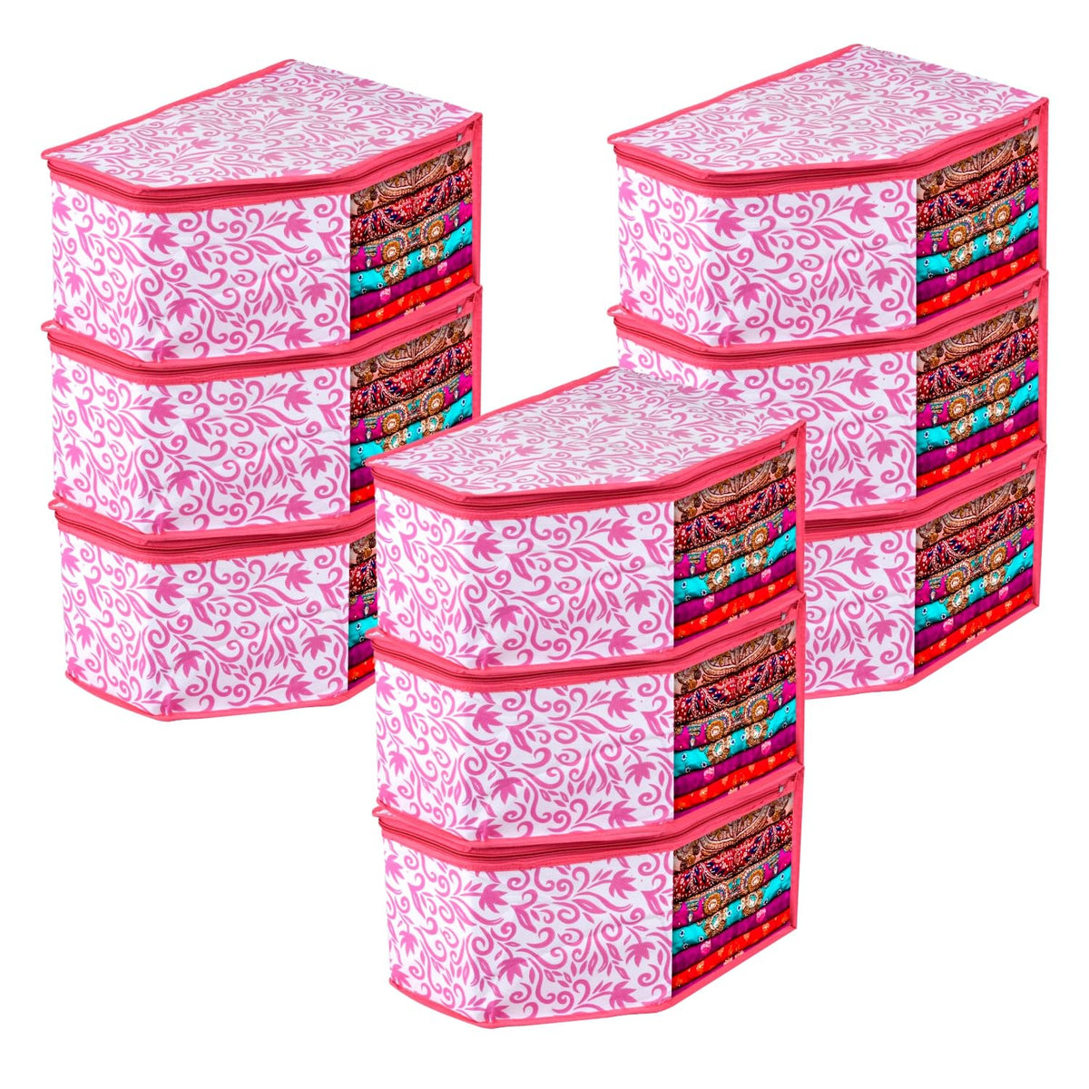 Kuber Industries Blouse Cover | Clothes Storage Bag | Zipper Wardrobe Organizers | Non-Woven Clothes Organiser | Side Transparent Blouse Organizer | Leaf-Design | Pack of 9 | Pink