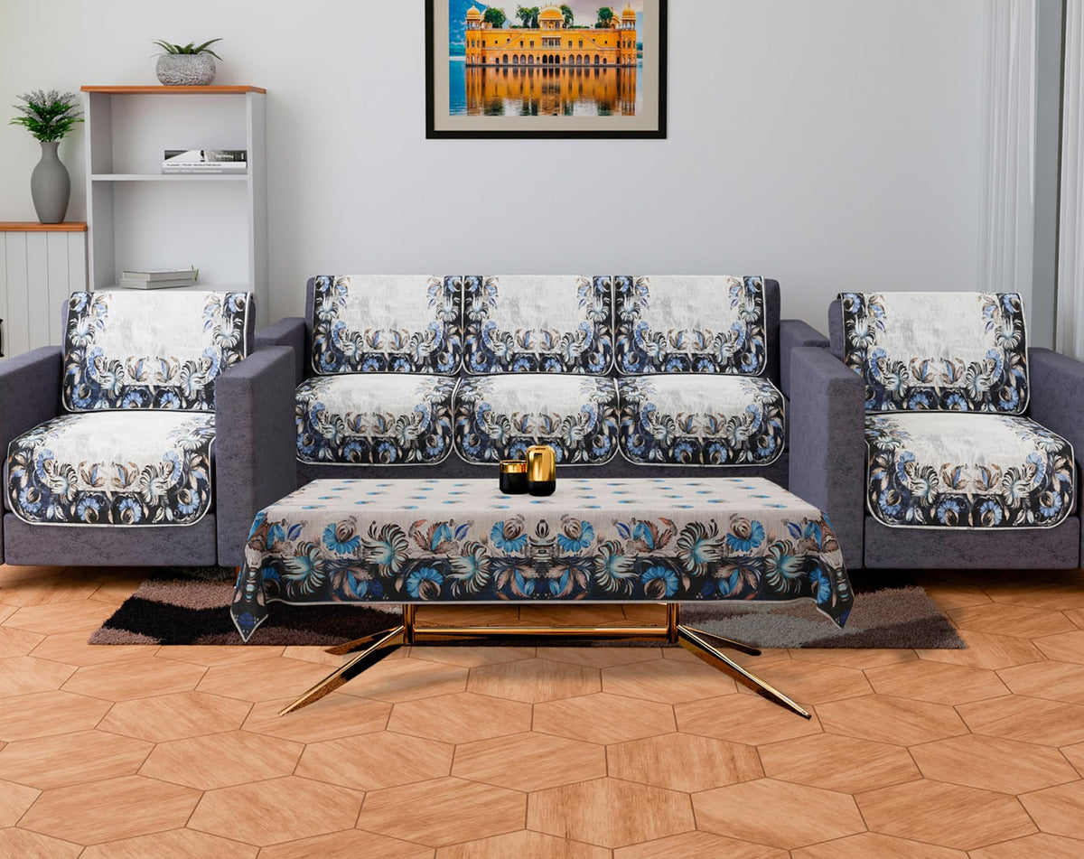Heart Home Sofa Cover | Sofa & Center Table Cover Set | Blue Digital Flower Sofa Cover with Table Cover | Velvet 5 Seater Sofa & Table Cover Set For Living Room | Gray