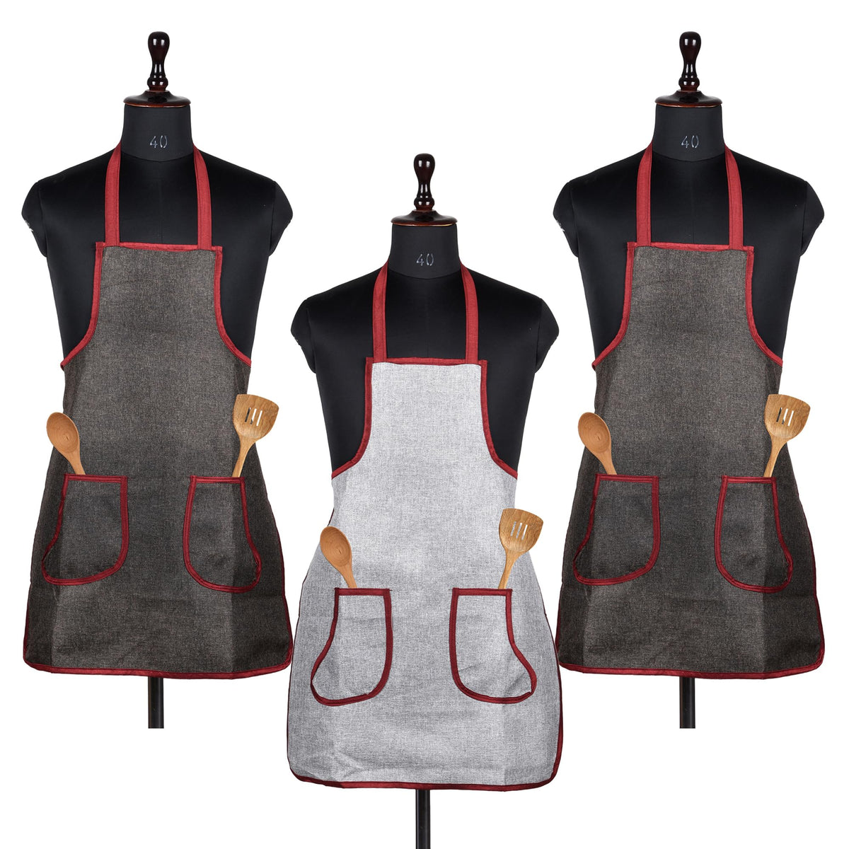 Heart Home Apron | Jute 2 Front Pocket Kitchen Apron | Apron for Restaurent | Apron for Housewife | Chef Apron for Kitchen | Water Resistance Apron | Pack of 3 | Multi